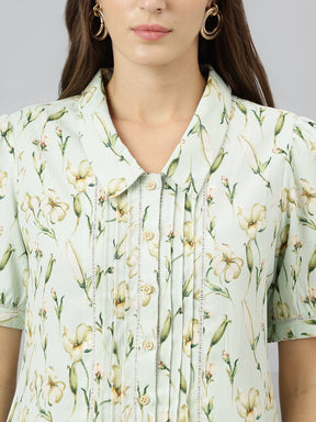 Green Spread Collar Short Sleeves Printed Shirt For Casual Wear