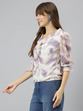 Ivory V-Neck Three-Quarter Sleeves Dyed Top For Casual Wear