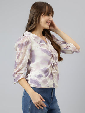 Ivory V-Neck Three-Quarter Sleeves Dyed Top For Casual Wear