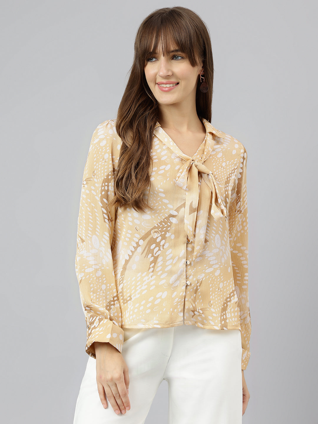 Latin Quarters Women'S Beige Printed Tie-Up Full Sleeve Casual Top