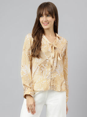 Beige Tie Up Neck Long Sleeves Printed Shirt For Casual Wear