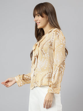 Beige Tie Up Neck Long Sleeves Printed Shirt For Casual Wear