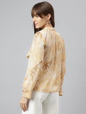 Beige Tie Up Neck Long Sleeves Printed Shirt For Casual Wear