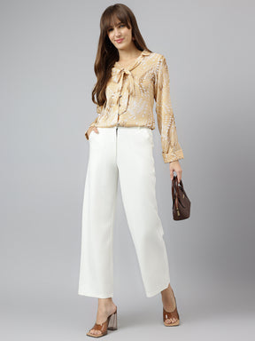 Beige Tie Up Neck Long Sleeves Printed Shirt For Casual Wear