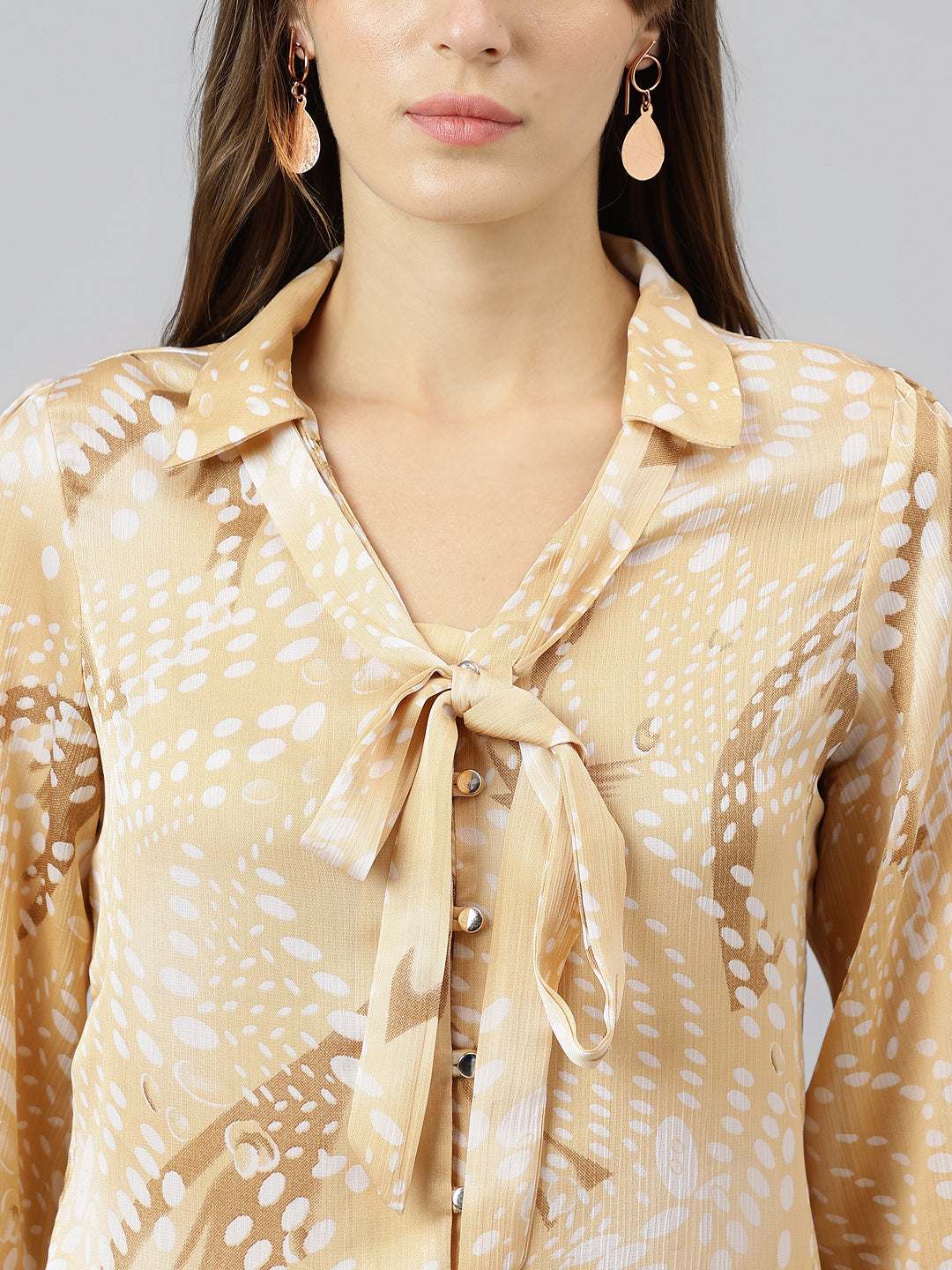 Beige Tie Up Neck Long Sleeves Printed Shirt For Casual Wear