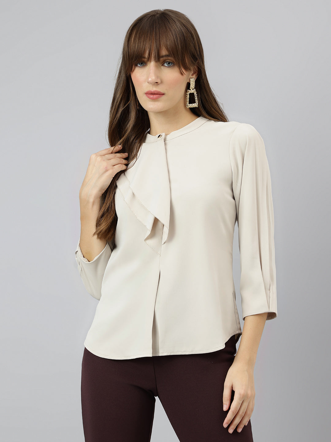 Ivory Mandarin Collar Three-Quarter Sleeves Solid Top For Casual Wear