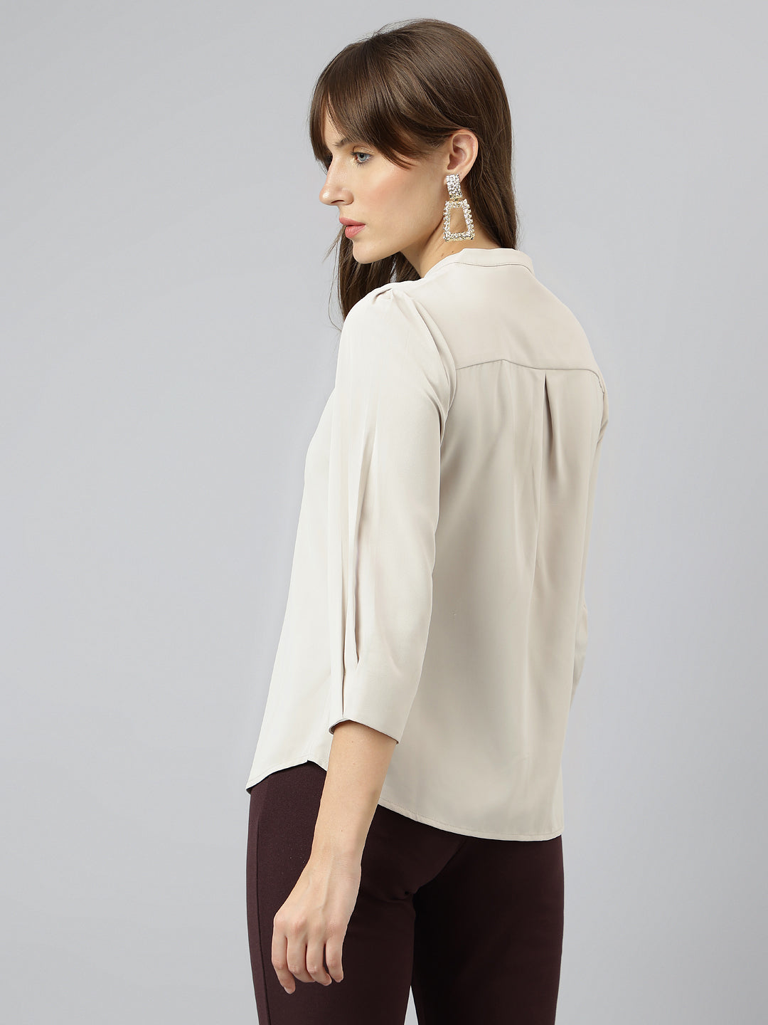 Ivory Mandarin Collar Three-Quarter Sleeves Solid Top For Casual Wear