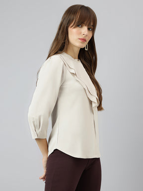 Ivory Mandarin Collar Three-Quarter Sleeves Solid Top For Casual Wear