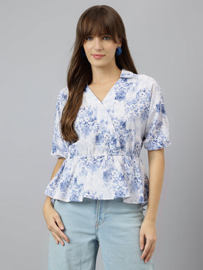 Blue V Neck Short Sleeves Printed Top For Casual Wear