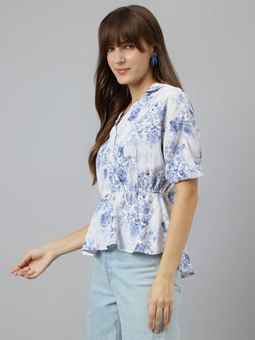 Blue V Neck Short Sleeves Printed Top For Casual Wear