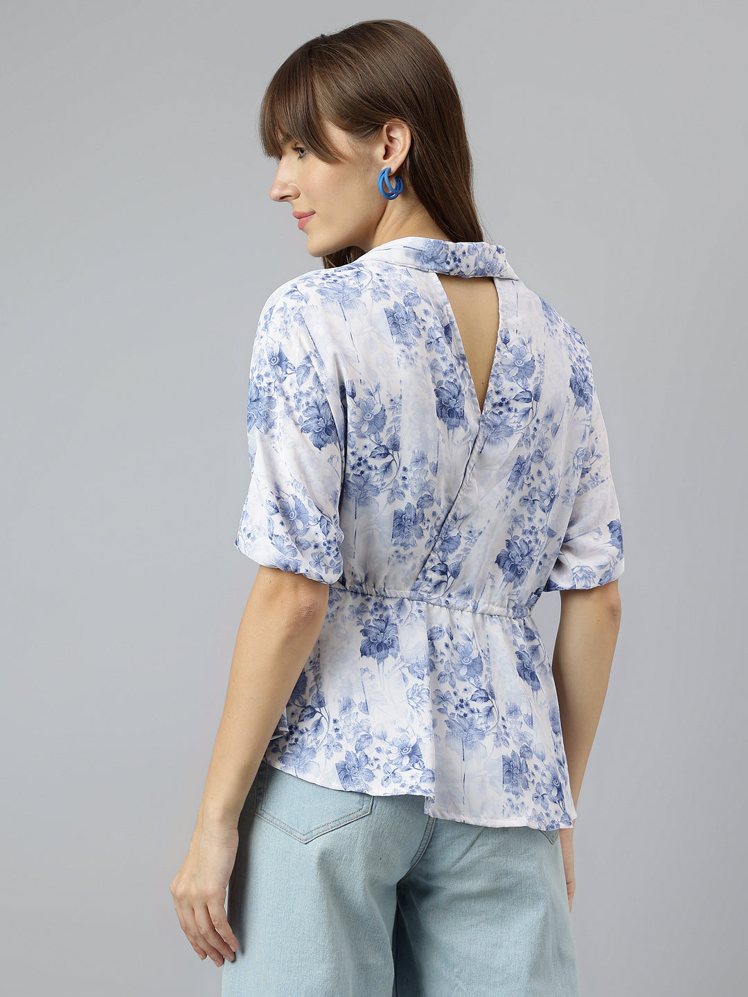 Blue V Neck Short Sleeves Printed Top For Casual Wear