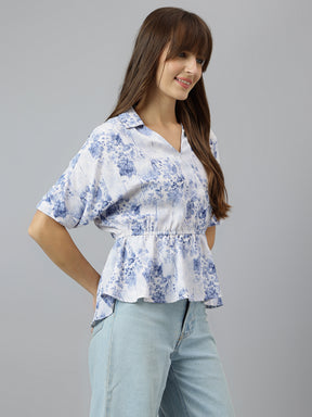 Blue V Neck Short Sleeves Printed Top For Casual Wear