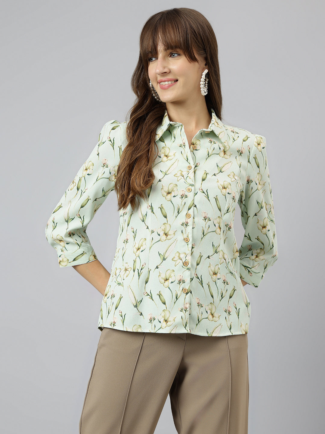 Green Shirt Collar Three-Quarter Sleeves Printed Shirt For Casual Wear