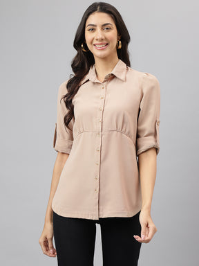 Beige 3/4 Sleeve Collar Long Shirt