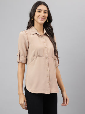 Beige 3/4 Sleeve Collar Long Shirt