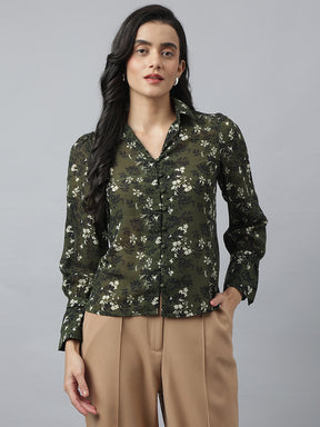 Green Full Sleeve Collared Neck Printed Shirt For Casual Wear