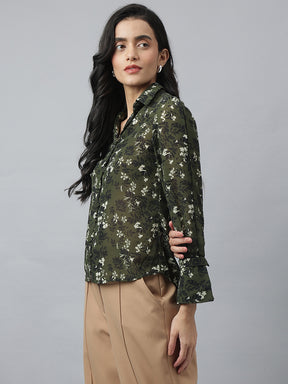 Green Full Sleeve Collared Neck Printed Shirt For Casual Wear