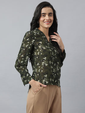 Green Full Sleeve Collared Neck Printed Shirt For Casual Wear