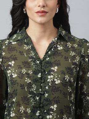 Green Full Sleeve Collared Neck Printed Shirt For Casual Wear