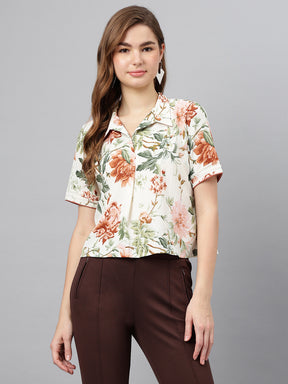 Brown Spread Collar Short Sleeves Printed Shirt Casual For Wear