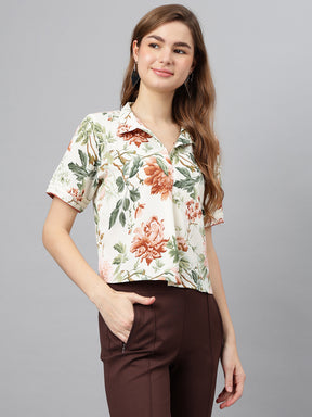 Brown Spread Collar Short Sleeves Printed Shirt Casual For Wear