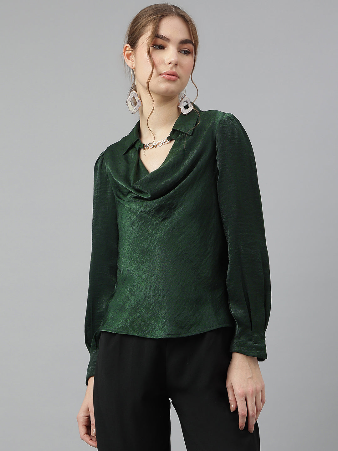Latin Quarters Women Green Collar Long Sleeves Solid Top For Casual Wear