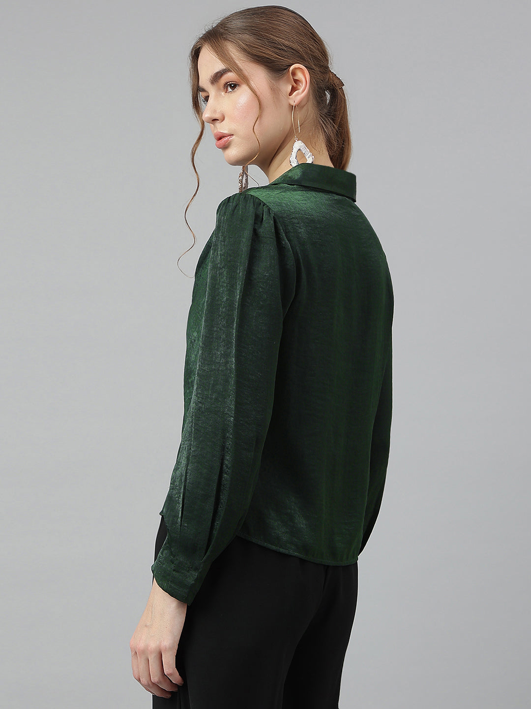 Latin Quarters Women Green Collar Long Sleeves Solid Top For Casual Wear