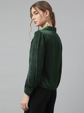 Latin Quarters Women Green Collar Long Sleeves Solid Top For Casual Wear