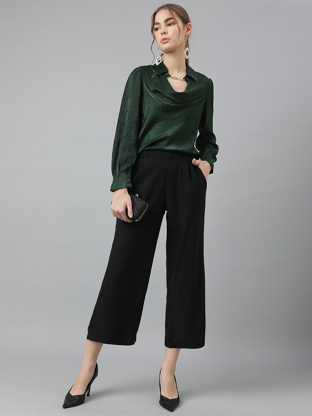 Latin Quarters Women Green Collar Long Sleeves Solid Top For Casual Wear