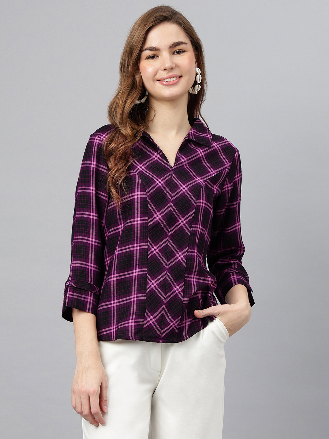 Wine Shirt Collar Three-Quarter Sleeves Checkered Top For Casual Wear