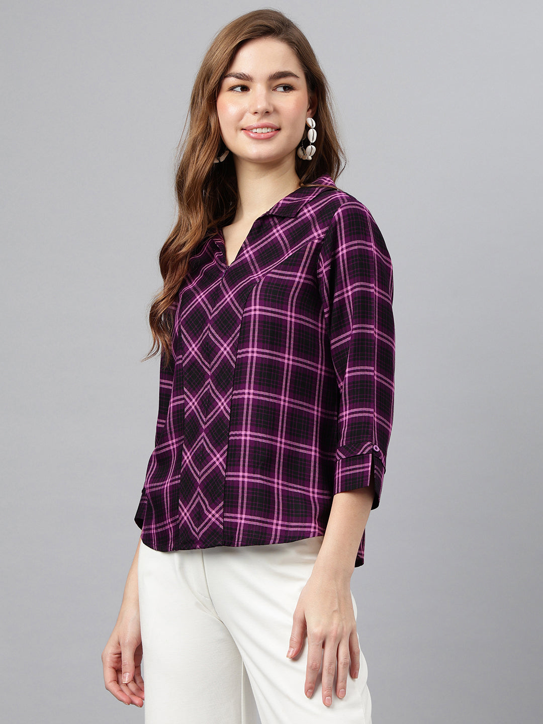 Wine Shirt Collar Three-Quarter Sleeves Checkered Top For Casual Wear