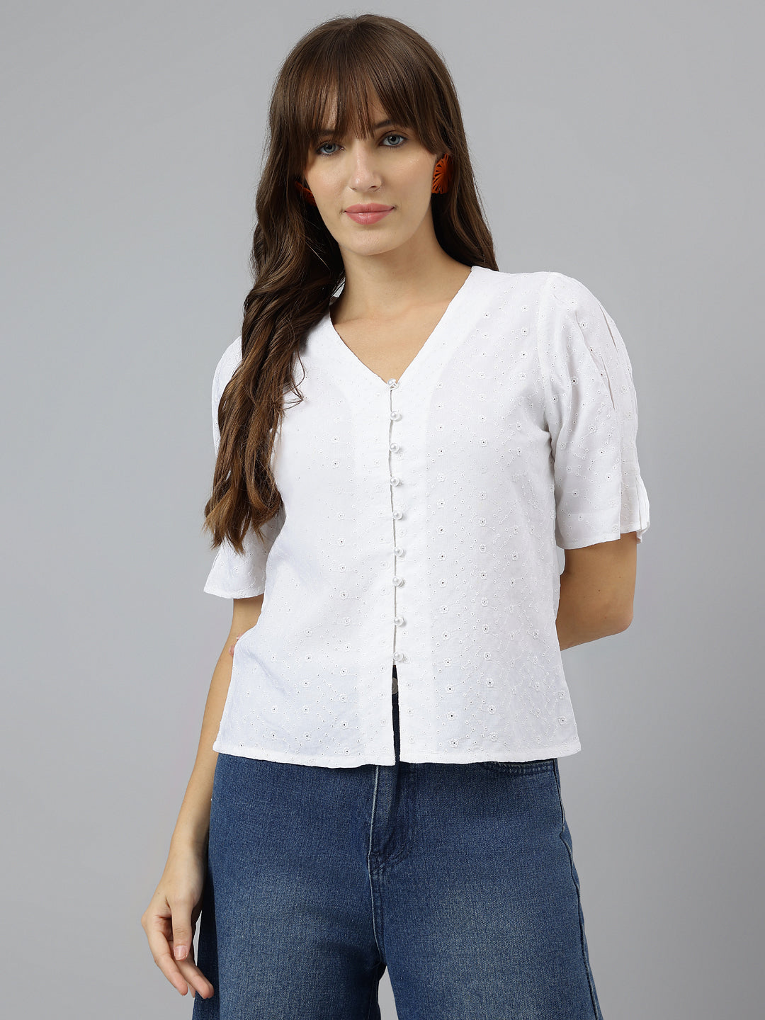 White V-Neck Short Sleeves Solid Shirt For Casual Wear