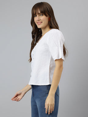 White V-Neck Short Sleeves Solid Shirt For Casual Wear