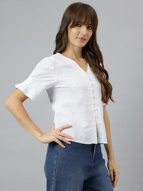 White V-Neck Short Sleeves Solid Shirt For Casual Wear