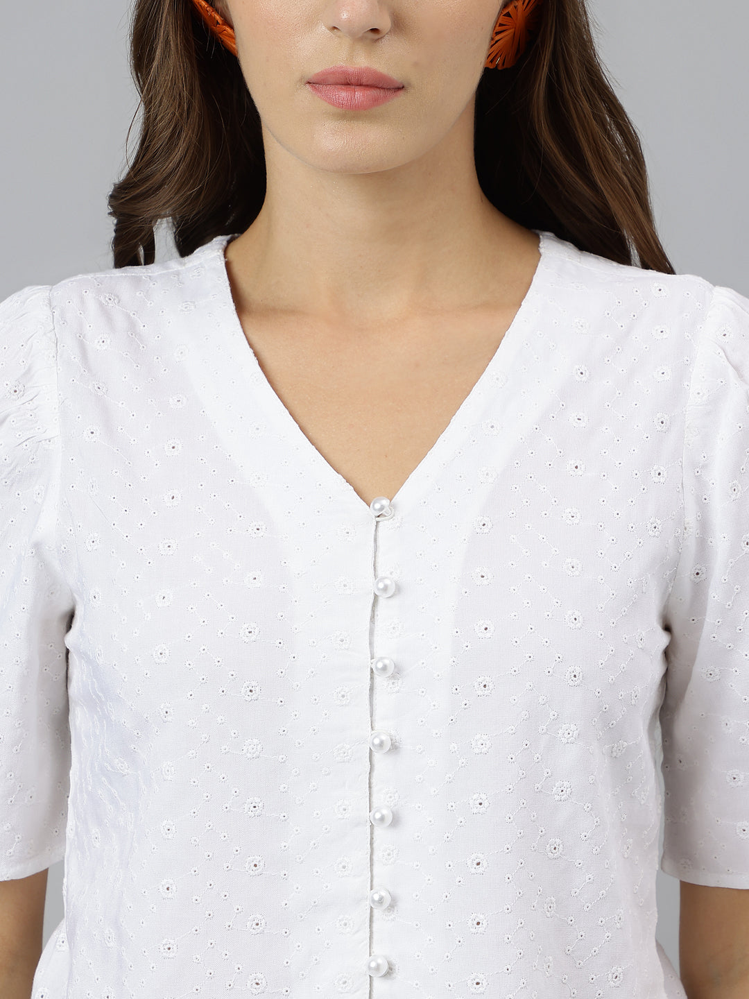 White V-Neck Short Sleeves Solid Shirt For Casual Wear