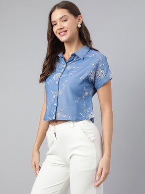 Fresh Blue Short Sleeve Collar Printed Casual Shirt for Effortless Style