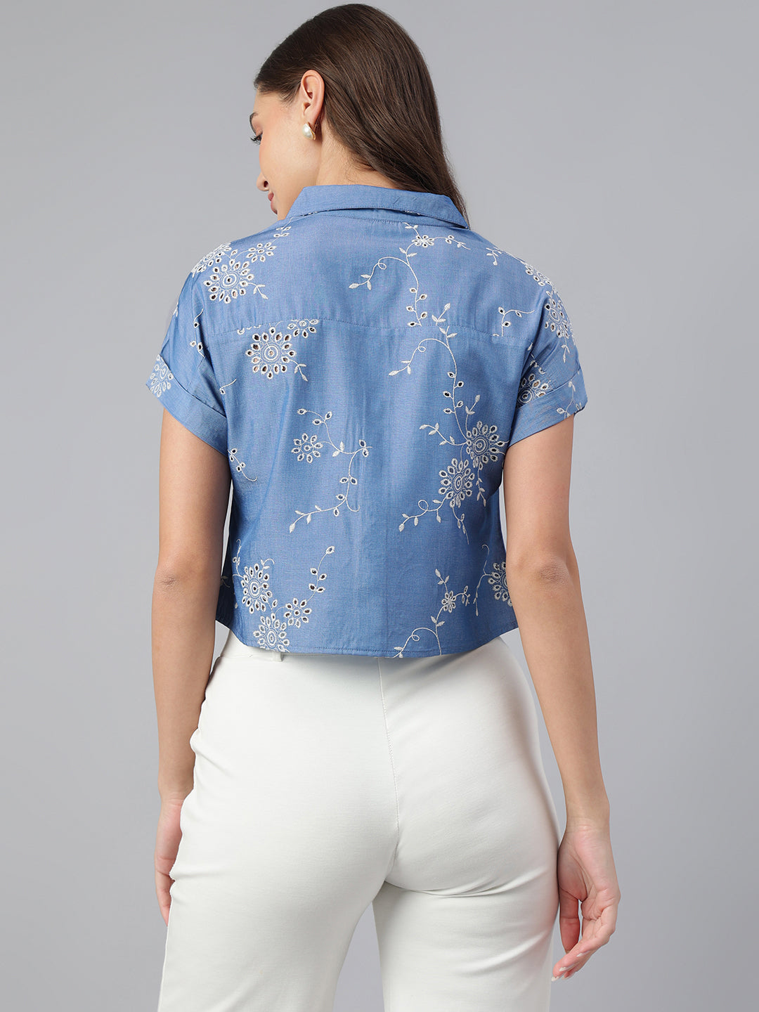 Latin Quarters Women Blue Collar Neck Half Sleeve Embroidery Shirt For Casual Wear