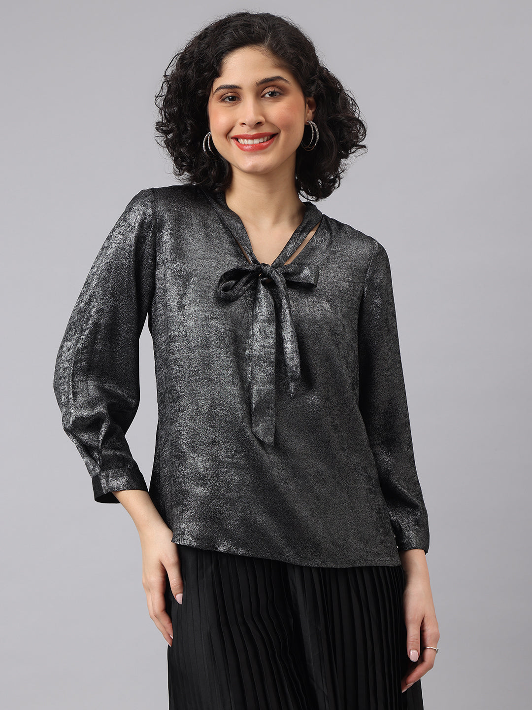 Elegant Black Full Sleeve Tie-Up Solid Evening Top for Stylish Occasions