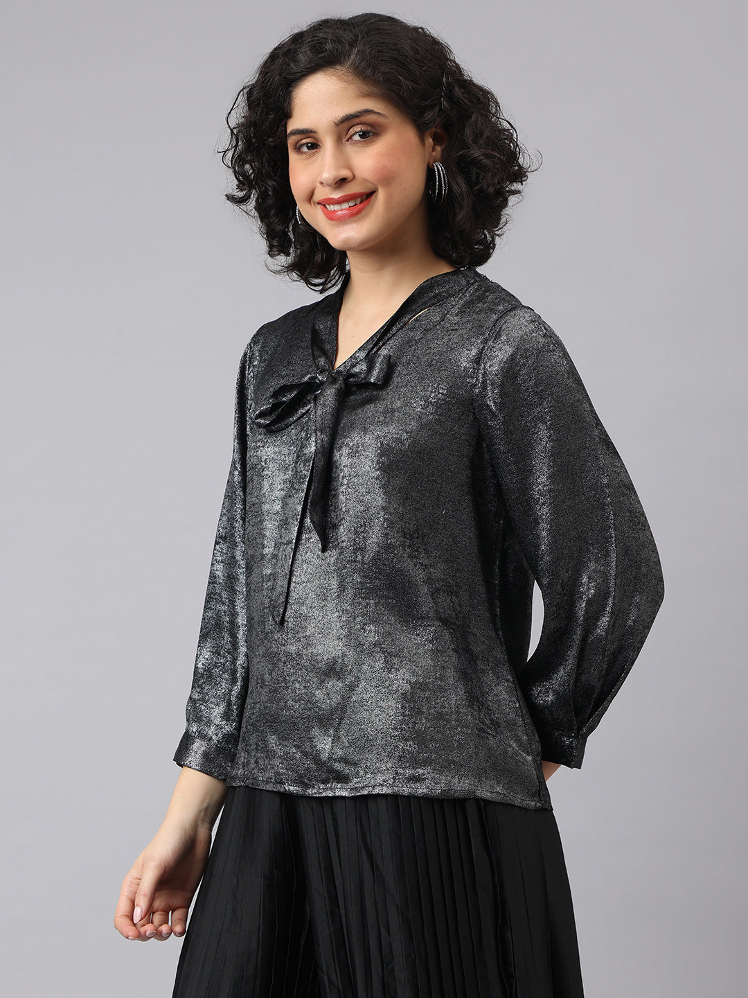 Elegant Black Full Sleeve Tie-Up Solid Evening Top for Stylish Occasions