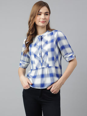 Blue Round Neck Short Sleeves Checkered Top For Casual Wear