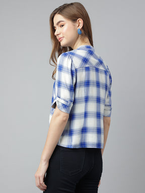 Blue Round Neck Short Sleeves Checkered Top For Casual Wear