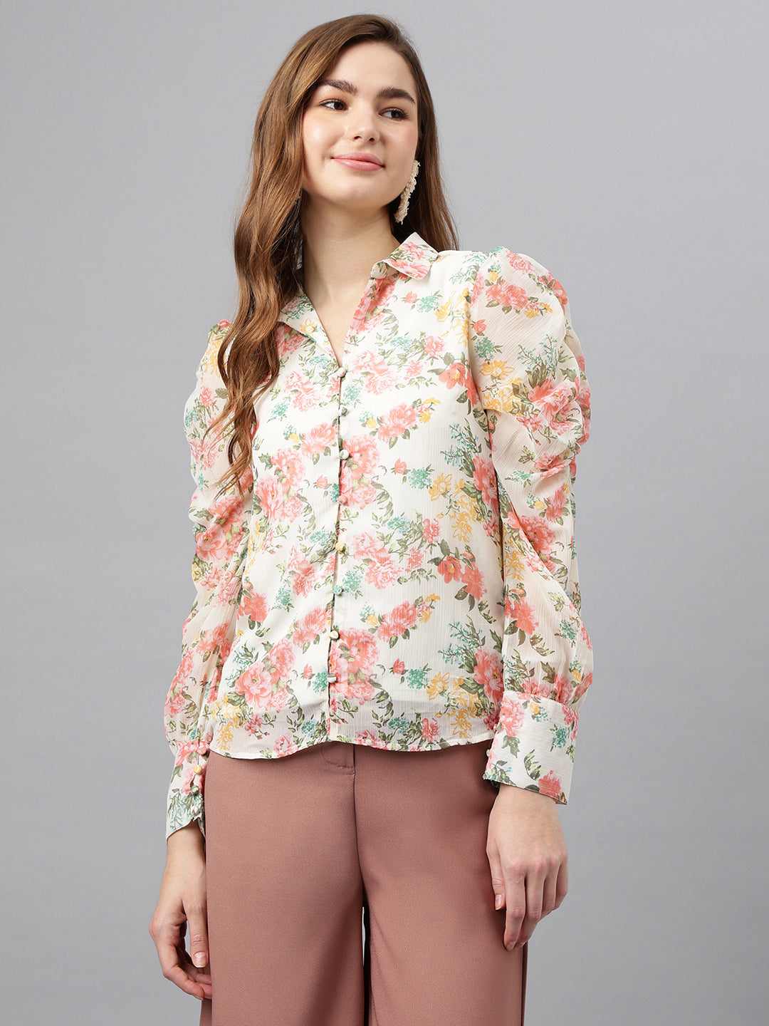 Pink Spread Collar Long Sleeves Printed Shirt Casual For Wear