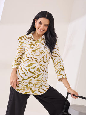 Latin Quarters Women's Green Printed 3/4Th Sleeve Collar Neck Casual Shirt