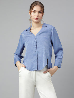 Blue Spread Collar Long Sleeves Solid Shirt Casual For Wear