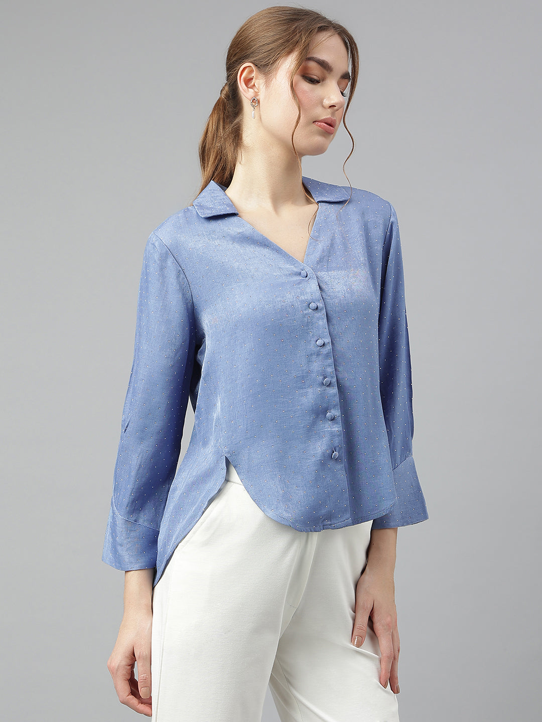 Blue Spread Collar Long Sleeves Solid Shirt Casual For Wear