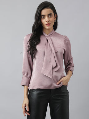 Latin Quarters Women'S Pink Solid High Neck 3/4Th Sleeve Casual Top