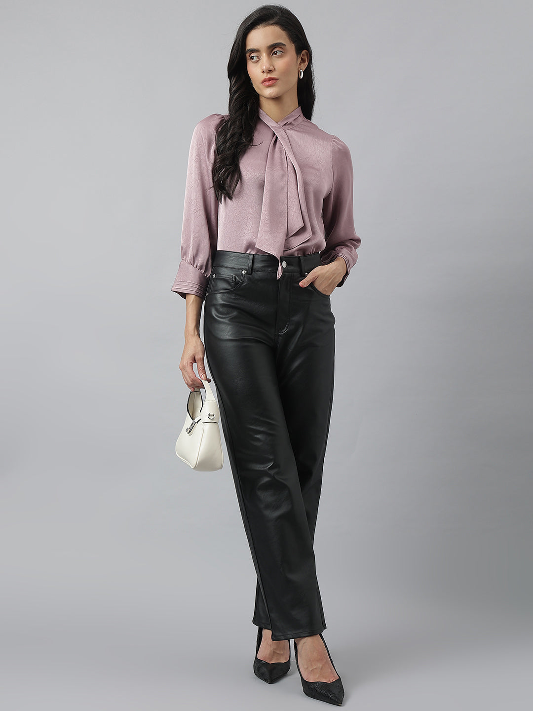 Latin Quarters Women'S Pink Solid High Neck 3/4Th Sleeve Casual Top