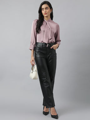Latin Quarters Women'S Pink Solid High Neck 3/4Th Sleeve Casual Top