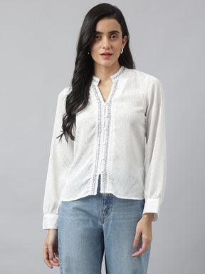 White Full Sleeve Mandarin Solid Shirt For Casual Wear