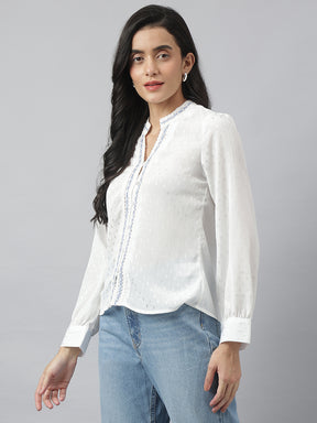 White Full Sleeve Mandarin Solid Shirt For Casual Wear